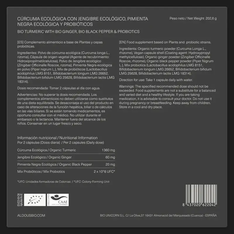 Aldous Bio Curcuma Au Gingembre Et Poivre Noir Avec Probiotiques, 2X250 Capsules - Image 7