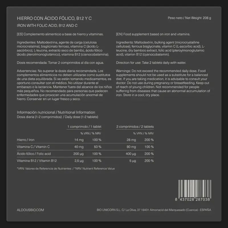 Aldous Bio Fer Vitamine C, B12 & Acide Folique , 200 gélules - Image 7