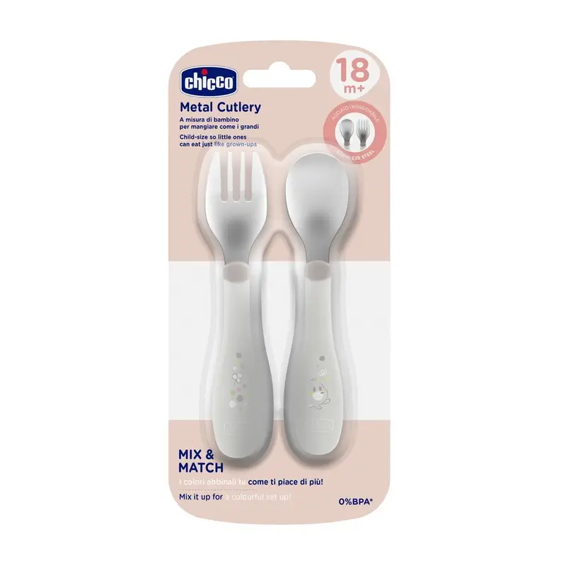 Set de couverts Chicco en acier inoxydable gris 18M+.