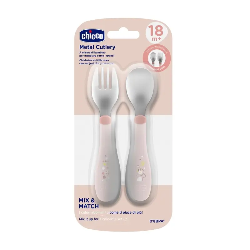 Set de couverts Chicco en acier inoxydable rose 18M+.