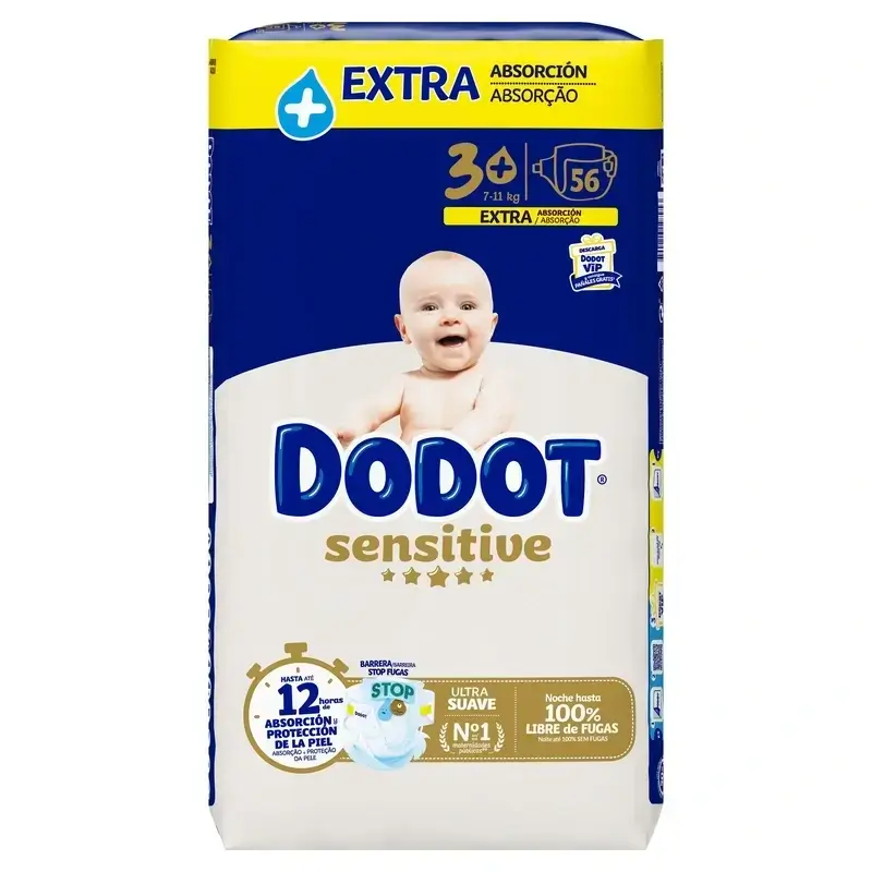 Dodot Sensitive Extra Jumbo Nappy Size 3+, Pack 2 x 56 couches - Image 3