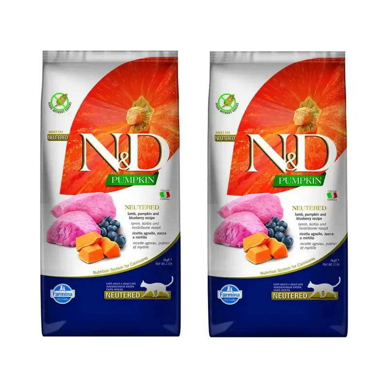 Farmina N&D Cat Pumpkin Neutered Lamb Blueberry 5Kg, nourriture pour chats, paquet de 2