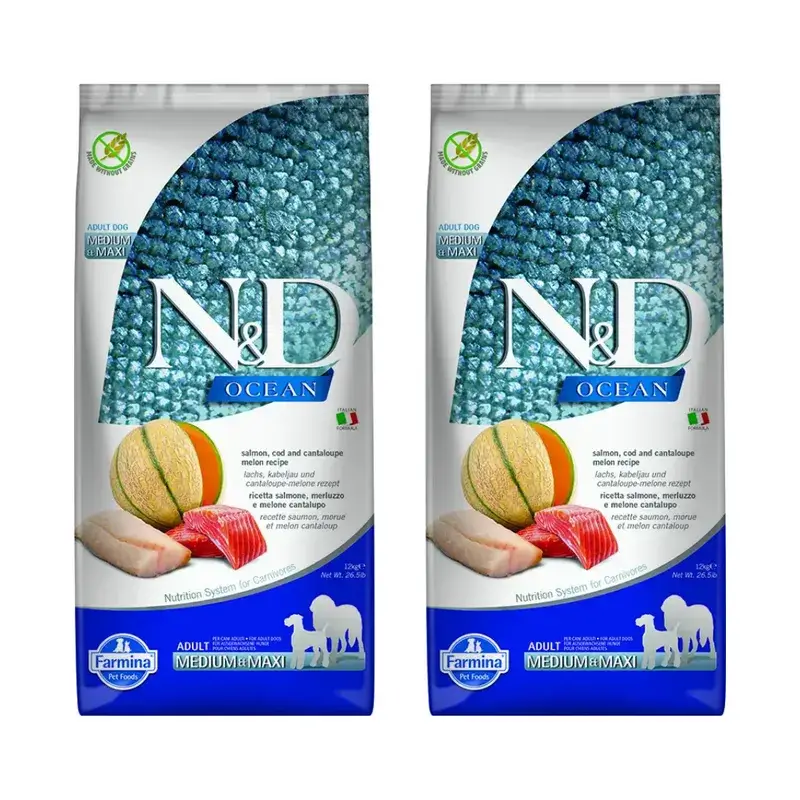 Farmina N&D Dog Ocean Salmon Codfish Medium Maxi 12Kg, nourriture pour chien, paquet de 2