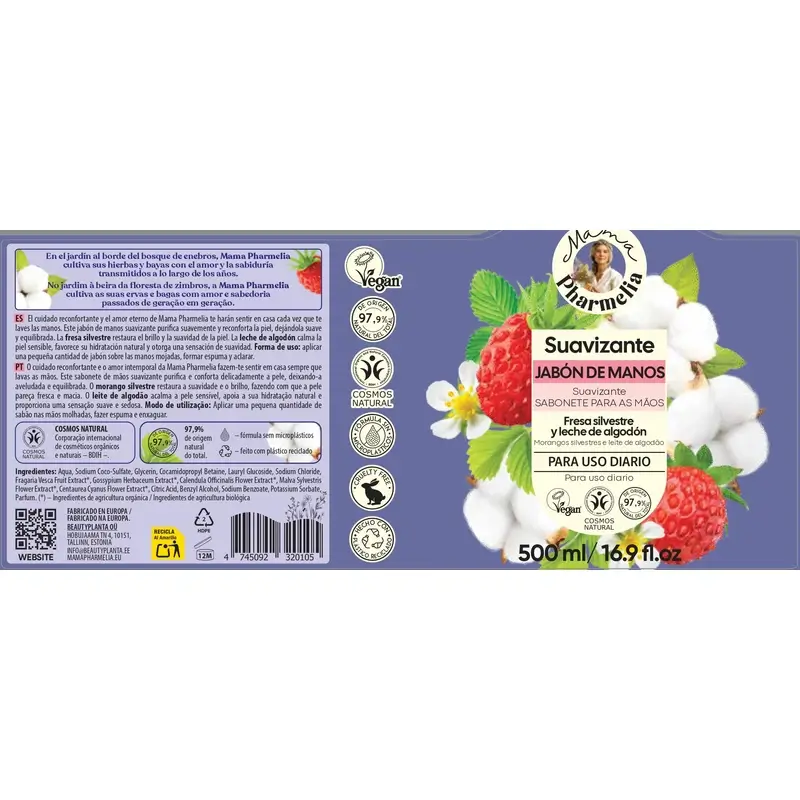 Mama Pharmelia Savon apaisant pour les mains à la fraise sauvage et au lait de coton, 500 ml - Image 2