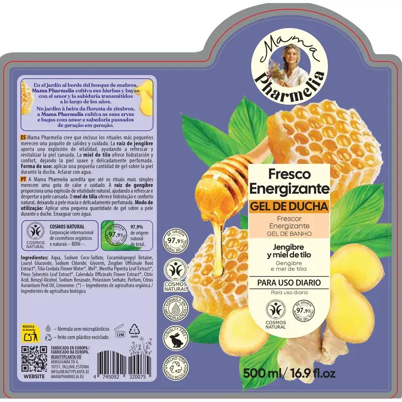 Mama Pharmelia Gel douche frais et énergisant au gingembre et au miel de tilleul, 500 ml - Image 2