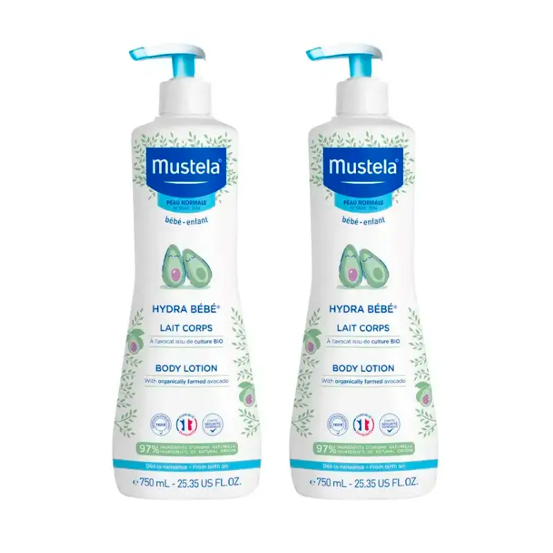 Mustela Hydra Lait corporel pour bébé à l'Avocat Bio, Pack 2 x 750 ml