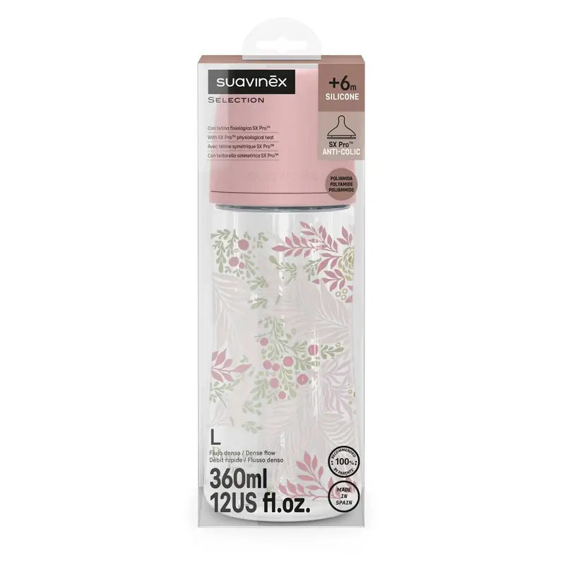 Suavinex Biberon 360 ml, débit dense (L), +6 mois, Poetry Pink - Image 3