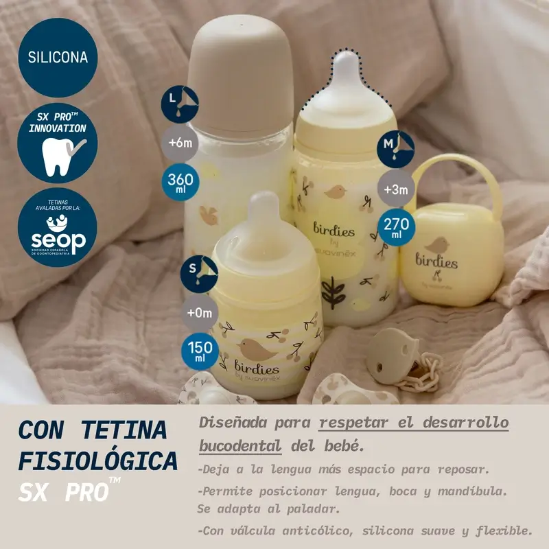 Suavinex Tétine pour biberon Sx Pro Dense Flow (L) +6 mois Birdies Beige, 360 ml - Image 2