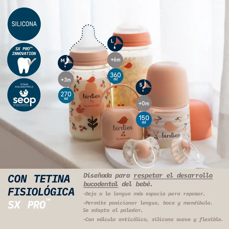 Suavinex Tétine pour biberon Sx Pro Medium Flow (M) +3 mois Birdies Pink, 270 ml - Image 3