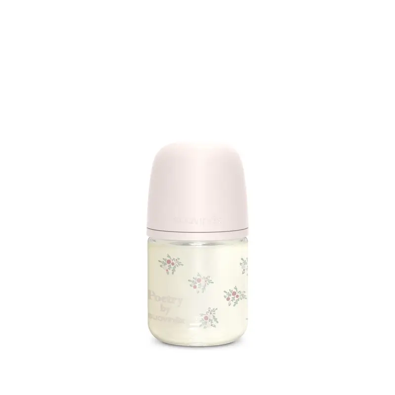 Suavinex Biberon en verre 120 ml, débit lent (S), +0 mois, Poésie rose