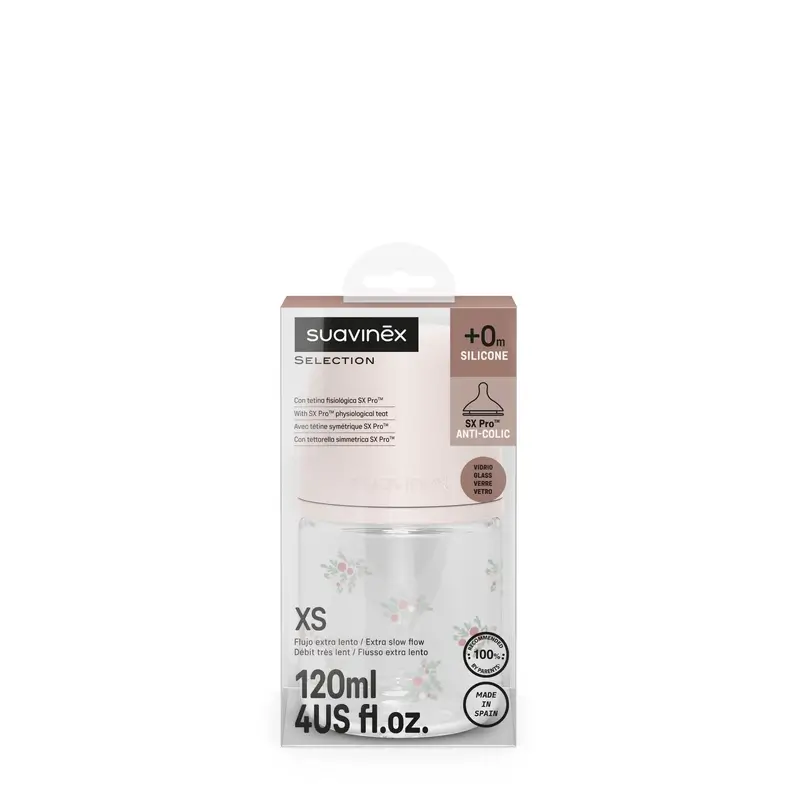 Suavinex Biberon en verre 120 ml, débit lent (S), +0 mois, Poésie rose - Image 3