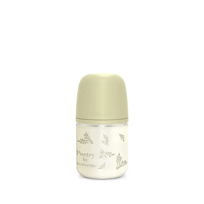 Suavinex Bouteille en verre 120 ml, débit lent (S), +0 mois, Poésie verte
