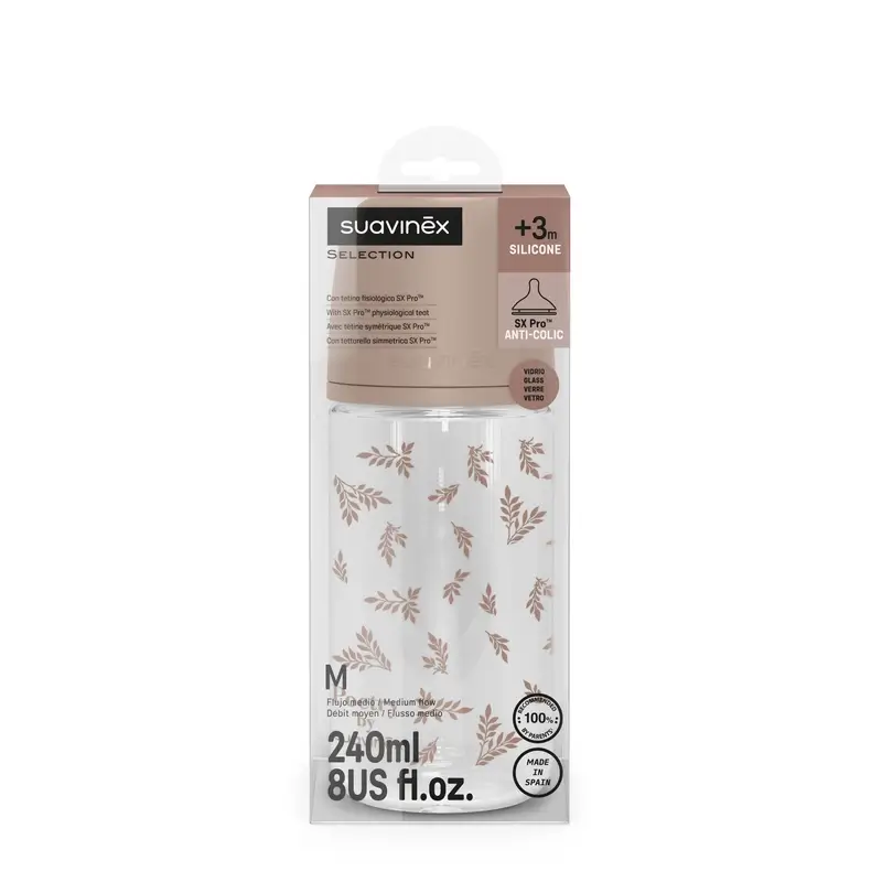 Suavinex Biberon en verre 240 ml, débit moyen (M), +3 mois, Poetry Beige - Image 3