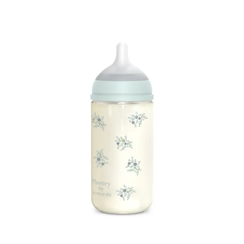 Suavinex Biberon en verre 240 ml, débit moyen (M), +3 mois, bleu Poésie - Image 2
