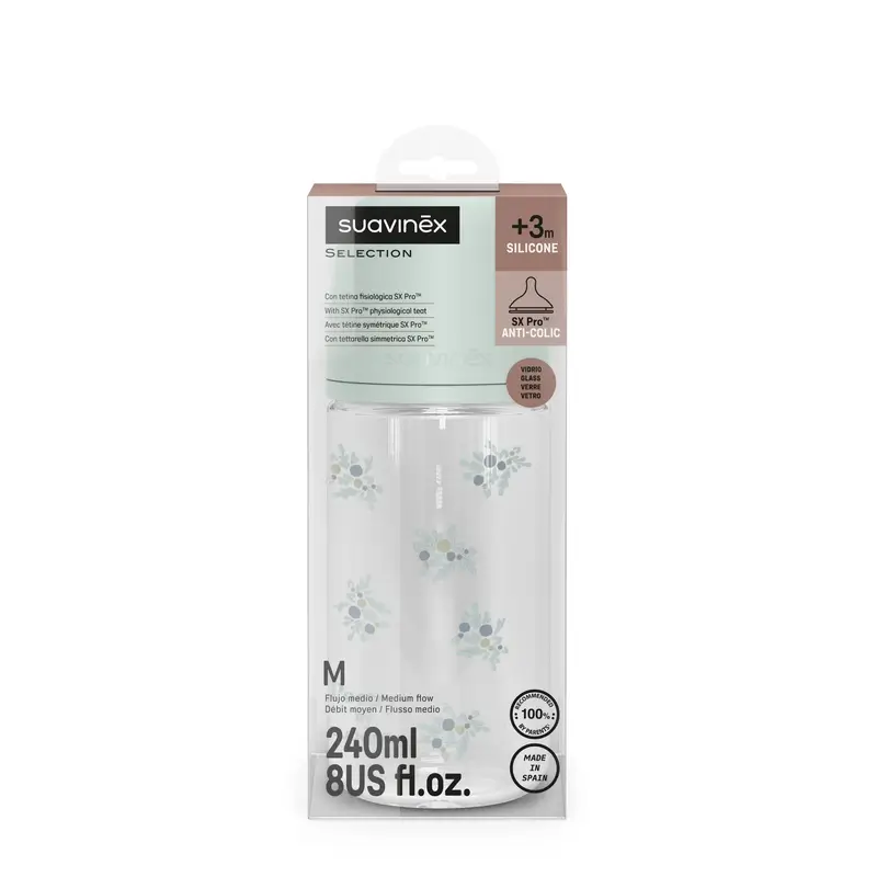 Suavinex Biberon en verre 240 ml, débit moyen (M), +3 mois, bleu Poésie - Image 3