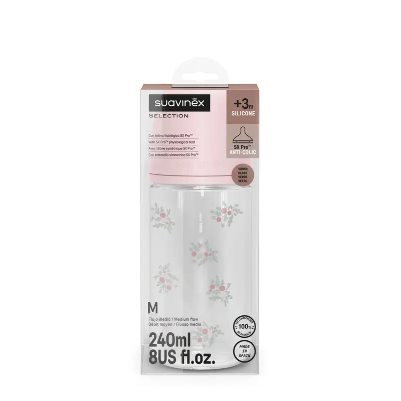 Suavinex Biberon en verre 240 ml, débit moyen (M), +3 mois, Poésie rose - Image 3