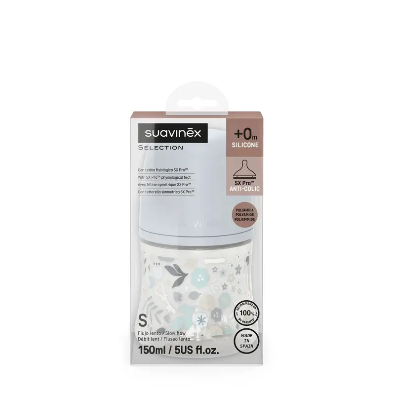 Biberon Suavinex 150 ml, débit lent (S), +0 mois, Wonderland Flowers Blue - Image 2