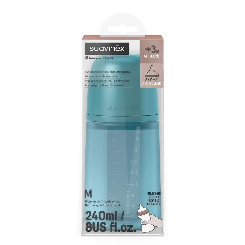 Biberon en silicone Suavinex 240 ml, débit moyen (M), +3 mois, Deep Ocean - Image 3