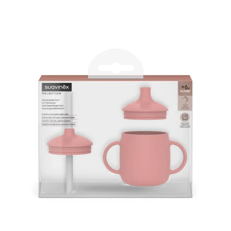 Suavinex Tasse d'apprentissage 3-en-1 en silicone, +6 mois, rose - Image 2