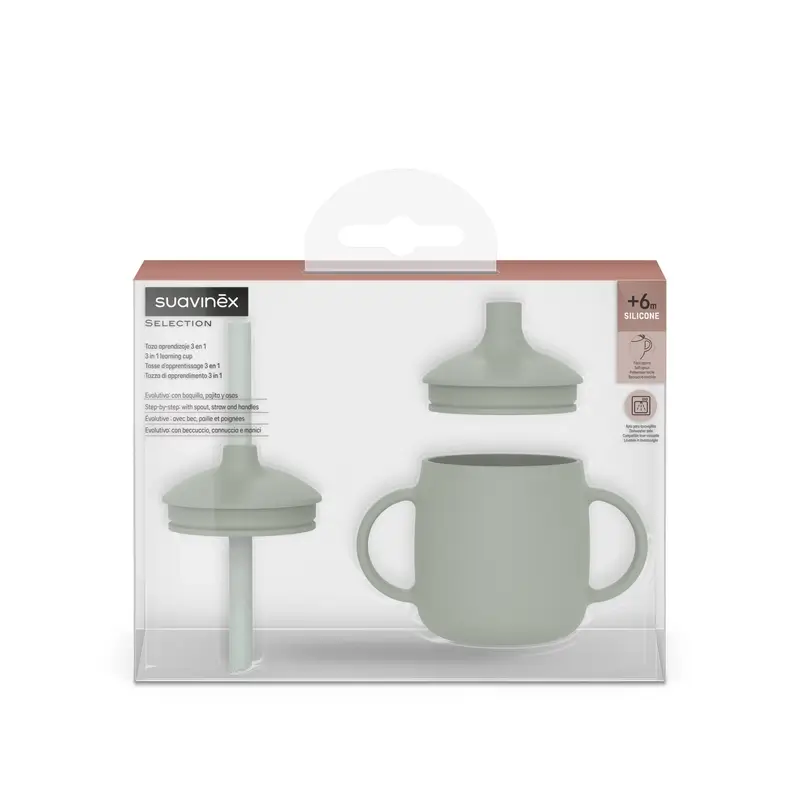 Suavinex Tasse d'apprentissage 3-en-1 en silicone, +6 mois, vert - Image 2