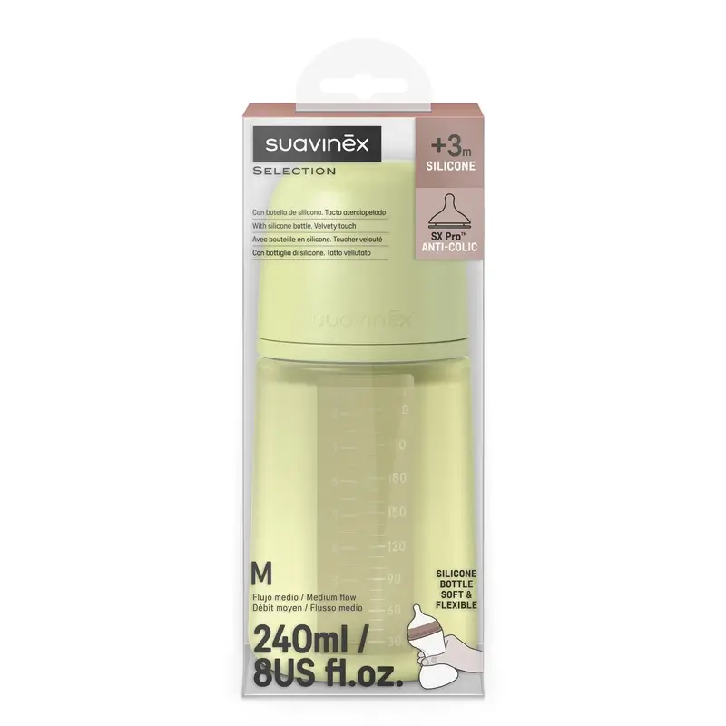 Biberon en silicone Suavinex 240 ml, débit moyen (M), +3 mois, citron vert - Image 3