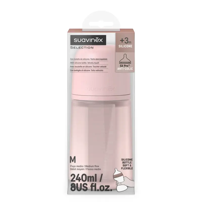 Biberon en silicone Suavinex 240 ml, débit moyen (M), +3 mois, eau de rose - Image 3