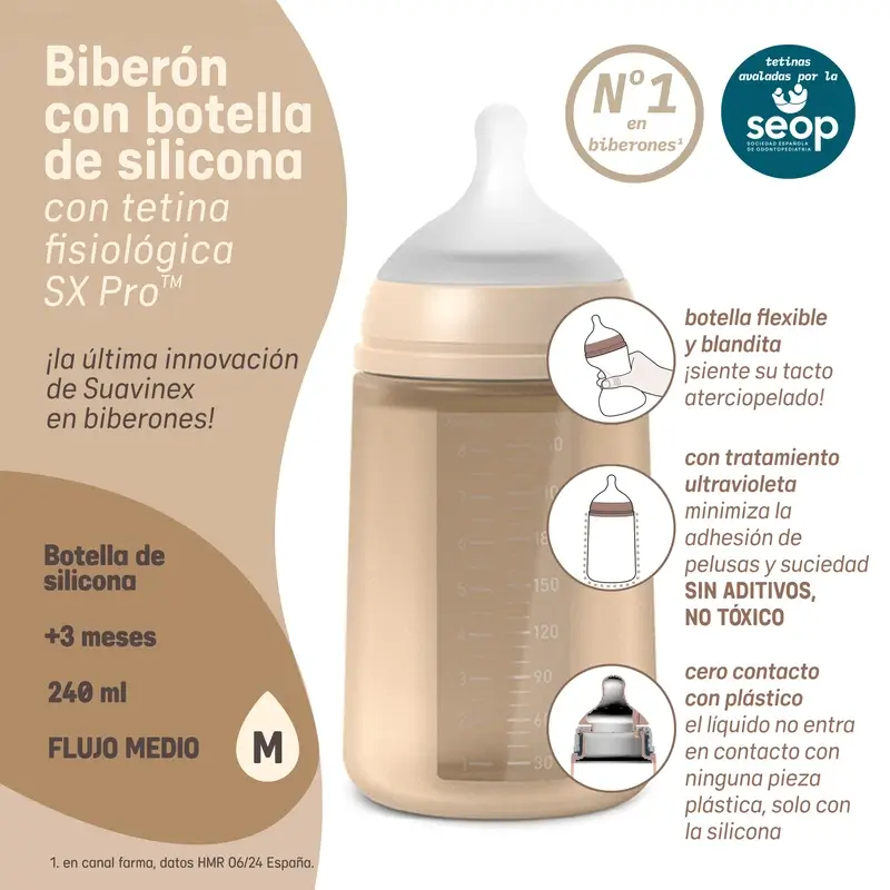 Biberon en silicone Suavinex 240 ml, débit moyen (M), +3 mois, eau de rose - Image 8