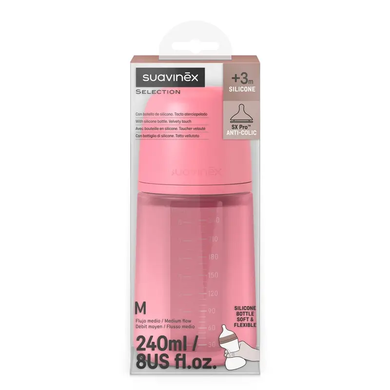 Biberon en silicone Suavinex 240 ml, débit moyen (M), +3 mois, Fuchsia - Image 3