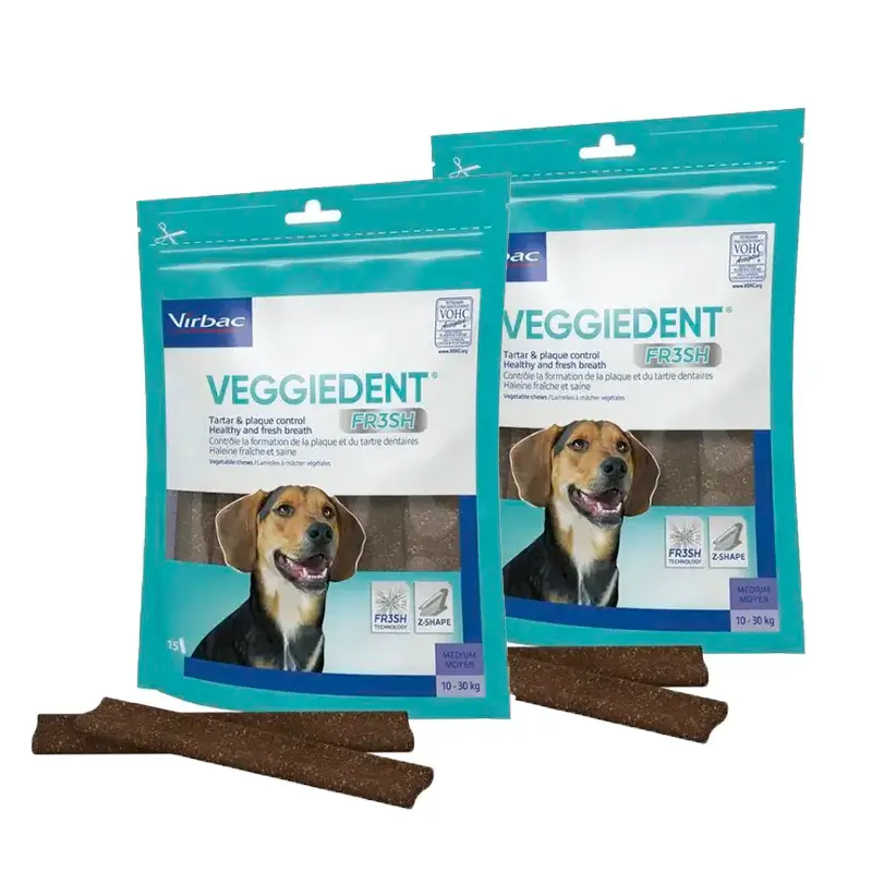 Virbac Veggiedent Fr3sh M, Snacks dentaires pour chiens de race moyenne, paquet de 2 unités